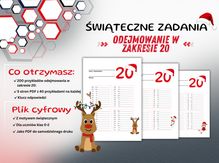 Odejmowanie w zakresie 20 – Świąteczne zadania matematyczne – Gotowy zestaw 200 działań matematycznych do druku dla dzieci z klas 0–2 + klucz odpowiedzi