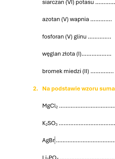 Kartkówka/karta pracy wzory i nazwy soli