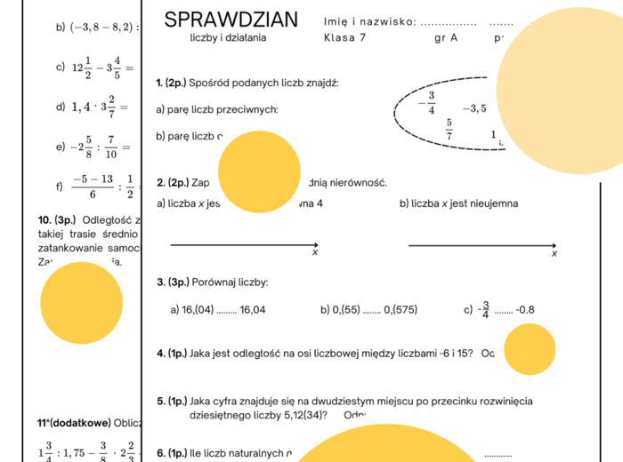 Sprawdzian. Liczby i działania. Wyrażenia arytmetyczne. Klasa 7. GWO