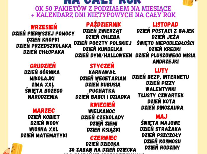 DNI TEMATYCZNE NA CAŁY ROK (50 PAKIETÓW +KALENDARZ)