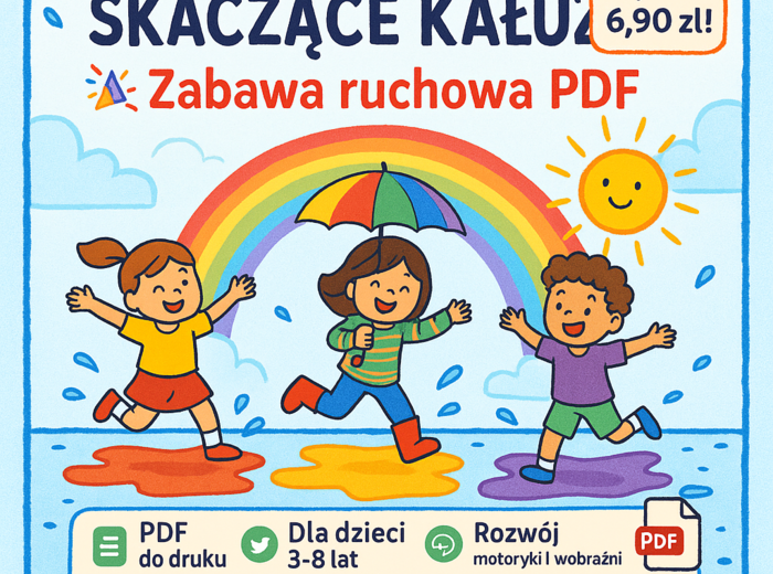 „Skaczące kałuże” – zabawa ruchowa z kartonowymi kałużami.