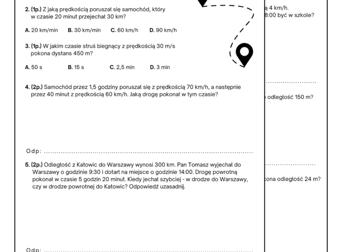 Sprawdzian, powtórzenie wiadomości - droga, prędkość, czas. Klasa 6