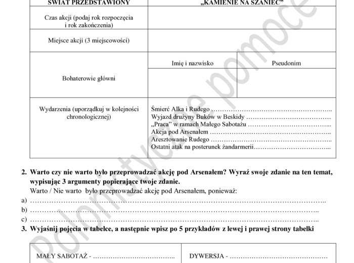 Sprawdzian z lektury "Kamienie na szaniec"