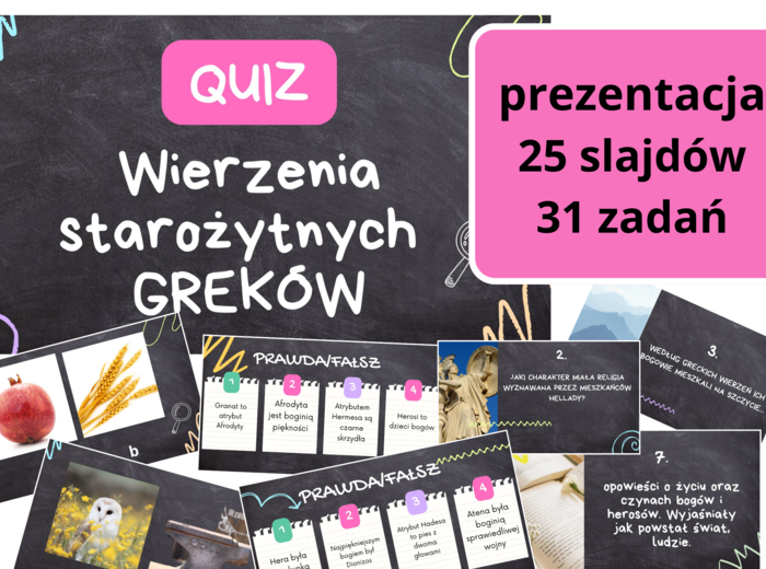 Quiz – Wierzenia starożytnych Greków/ Gotowa prezentacja edukacyjna z quizem dla klas 5–6 | Mitologia | Historia i język polski