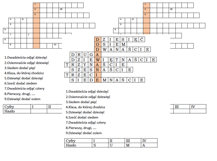 Logogryf matematyczny dla klasy II dla utrwalający pojęcie suma