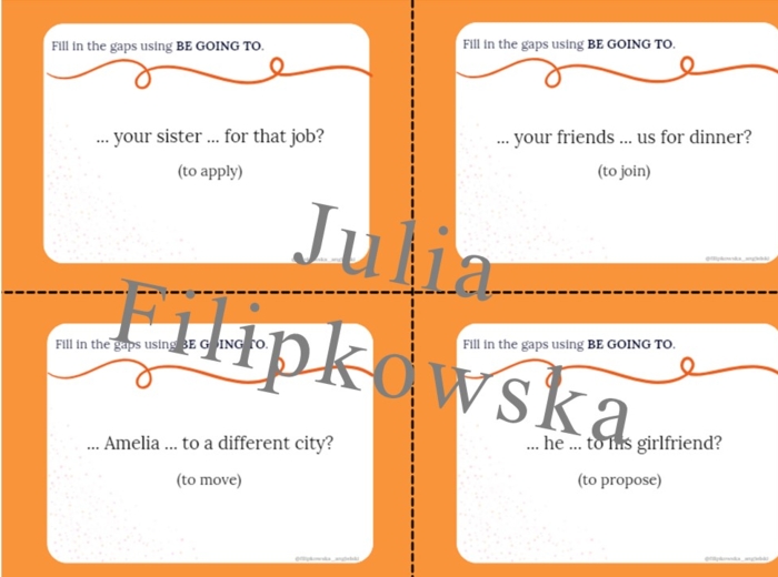 Be going to/ Pytania/ Karty do mówienia/ Mówienie/ Speaking/ Konwersacje/ Klasy 4-8/ Klasy 4-6/ Klasy 6-8/ SP/ Warm-up/ Rozgrzewka/ Speaking cards/ Gramatyka/ Grammar/ Speaking cards grammar/ Grammar cards/ E8