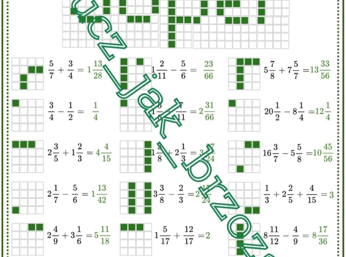 Dodawanie i odejmowanie ułamków zwykłych o różnych mianownikach, karta pracy, kodowanie, klasa 5