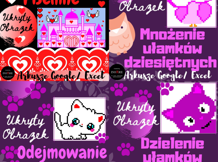 Zestaw 4 x UKRYTY OBRAZEK w Arkuszach Google, Excelu (edytowalny): Dzielenie Pisemne - Magiczny Zamek, Dzielenie ułamków dziesiętnych - Kot, Mnożenie ułamków dziesiętnych - Sowa, Odejmowanie Pisemne - Kotek