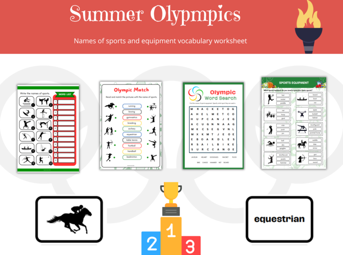 Summer Olympics Vocabulary Worksheet Set, names of sports and equipment - Igrzyska Olimpijskie, Słownictwo, Karty pracy, nazwy sportów i wyposażenia, dodatkowo mini karty obrazkowe i wyrazowe do gry w memory, angielski dla sportowców