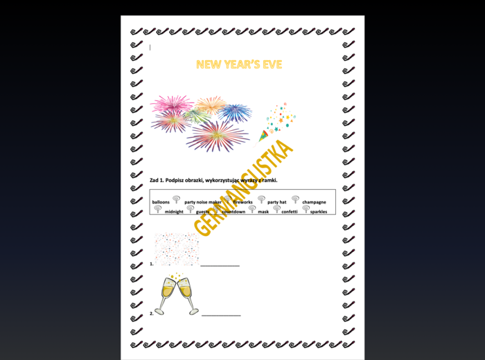 New Year's Eve- ćwiczenia na słownictwo związane z imprezą sylwestrową- 5 stron