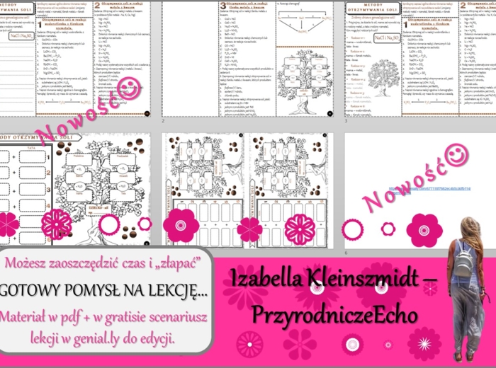 Pomysł na lekcję/karta pracy/stacje zadaniowe/notatki/ materiał do lekcji do tematu „Metody otrzymywania soli” w pdf. W gratisie niekomercyjny scenariusz lekcji/pomysł na lekcję w programie genial.ly do edycji. Na podstawie wydawnictwa MAC. Chemia 8. Dzi