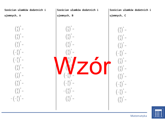 Sześcian ułamków dodatnich i ujemnych | matematyka | 26 kolumn