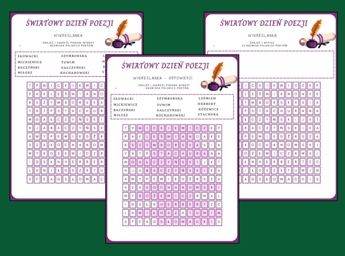 ŚWIATOWY DZIEŃ POEZJI – wykreślanka – karta pracy – biblioteka – język polski
