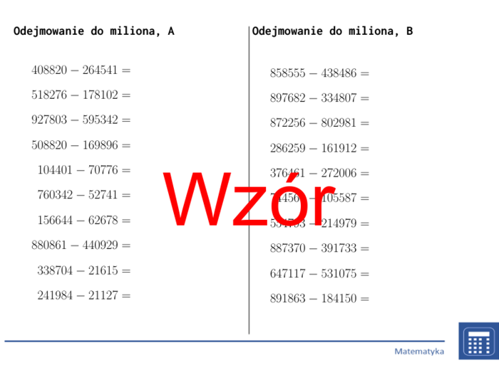 Odejmowanie do miliona | matematyka | 26 kolumn