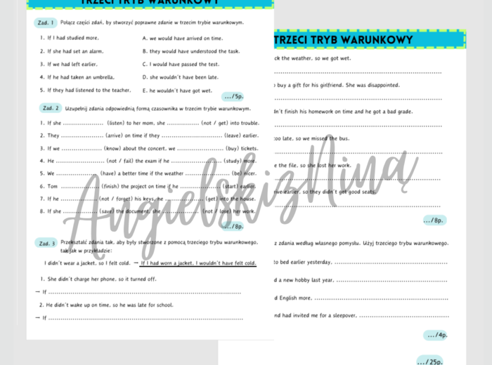 Trzeci tryb warunkowy - Third Conditional - karta pracy - ćwiczenia - zadania - kartkówka - powtórka - matura