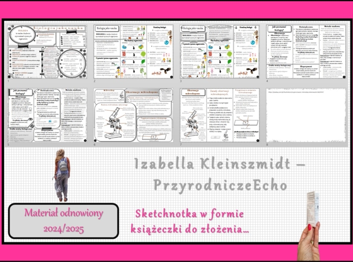 Zestaw sketchnotek/książeczek/notatek/wklejek/ściąg dla ucznia i przypomnień dla nauczyciela/edukacja domowa - do całego działu. Materiał w pdf. Biologia 5, dział „Biologia - nauka o życiu”. Nowość 2024/2025.