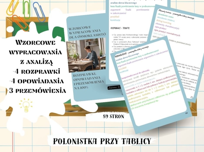 Wzorcowe formy wypowiedzi - przemówienia, rozprawki, opowiadania twórcze. Przykładowe wypracowania z analizą kolorystyczną. Egzamin ósmoklasisty