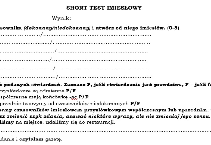 Test imiesłowy przysłówkowe