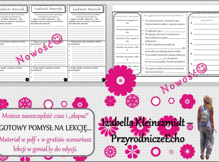 Pomysł na lekcję/karta pracy/stacje zadaniowe/notatki/ materiał do lekcji do tematu „Ludność Ameryk” w pdf. W gratisie niekomercyjny scenariusz lekcji/pomysł na lekcję w programie genial.ly do edycji. Geografia 8. Dział „Ameryka”.