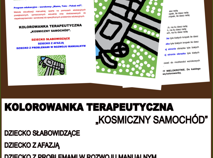 KOLOROWANKA TERAPEUTYCZNA „KOSMICZNY SAMOCHÓD”. DZIECKO SŁABOWIDZĄCE, DZIECKO Z AFAZJĄ, DZIECKO Z PROBLEMAMI W ROZWOJU MANUALNYM. PDF do samodzielnego wydruku.