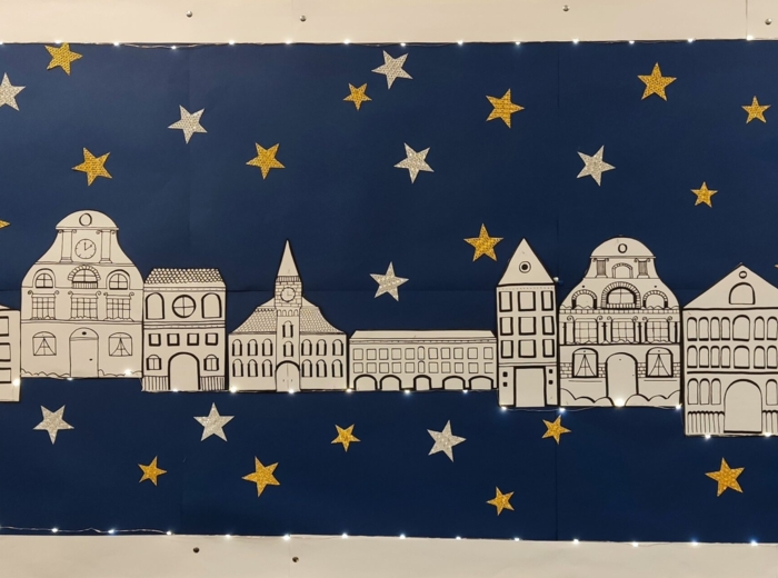 Domki - ręcznie rysowane, szablon, zimowe miasteczko