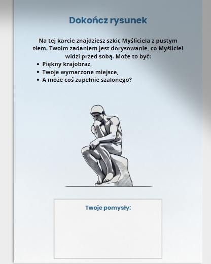 Karty z zadaniami kreatywnymi. Myśliciel (Dokończ rysunek, emocje, historia Myśliciela)