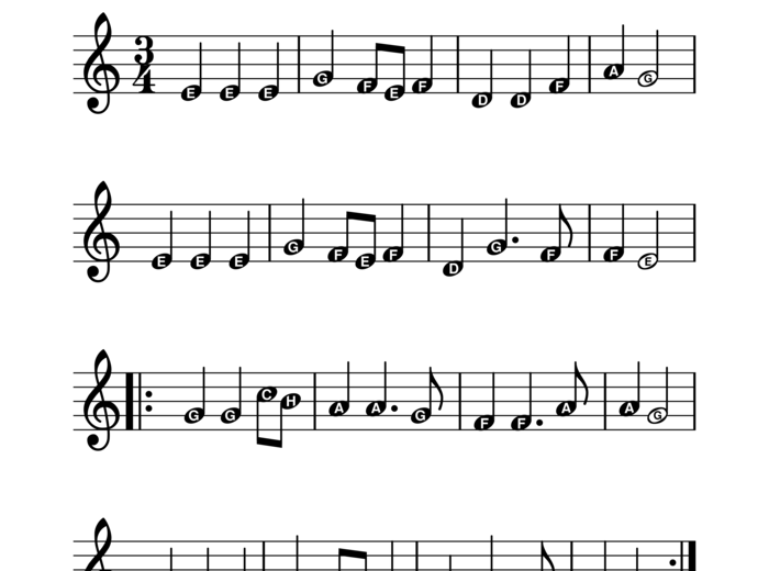 Kolęda Lulajże, Jezuniu. Duże nuty z literowymi nazwami dźwięków.
