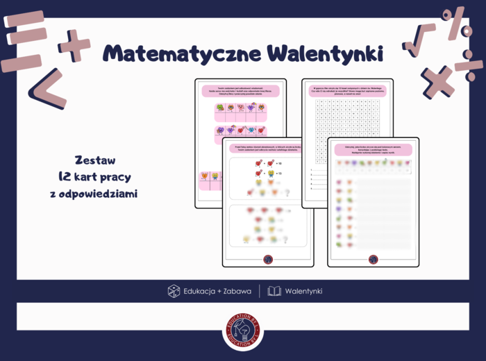 Walentynki | Matematyka | Zestaw 12 kart pracy z rozwiązaniami