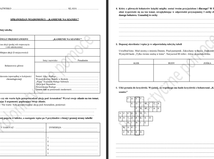 Sprawdzian z lektury "Kamienie na szaniec"