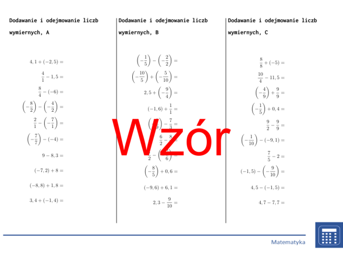 Dodawanie i odejmowanie liczb wymiernych | matematyka | 26 kolumn