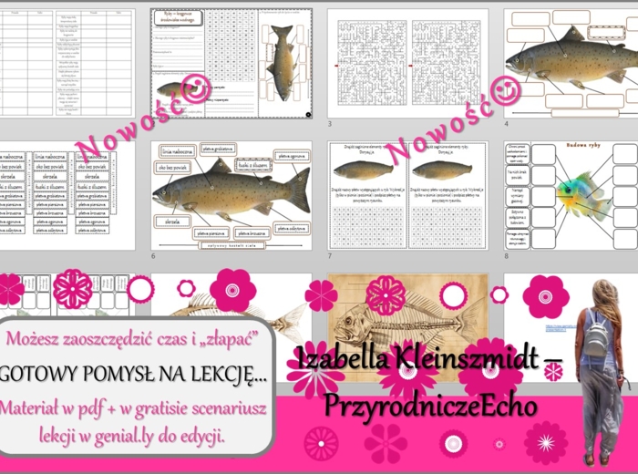 Karta pracy/stacje zadaniowe/ do tematu „Ryby-kręgowce środowisk wodnych – część I” w pdf. W gratisie niekomercyjny scenariusz lekcji/pomysł na lekcję w programie genial.ly do edycji. Biologia 6. Dział „Kręgowce zmiennocieplne”.