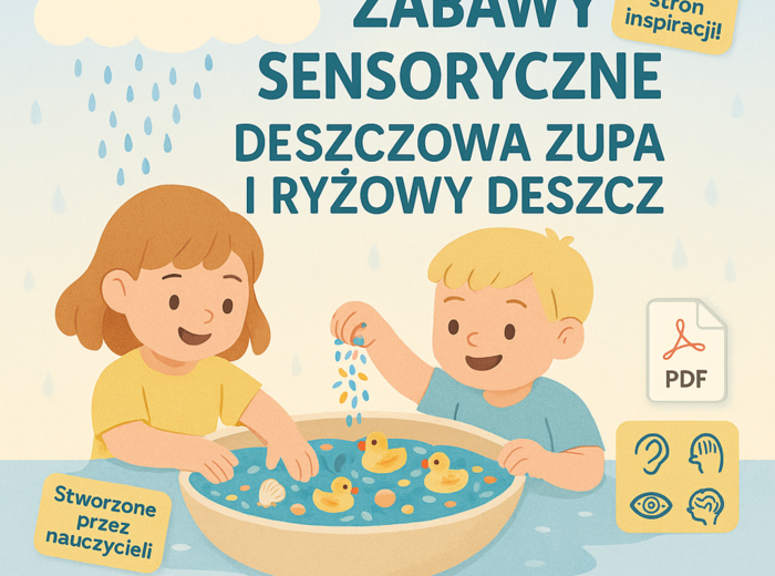 Zabawy sensoryczne: błękitna galaretka jako „deszczowa zupa”, ryż jako „deszcz”
