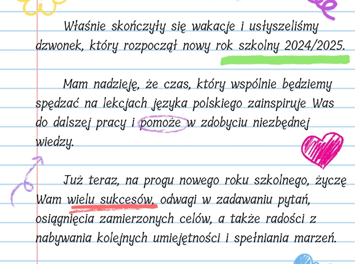 Witacz klasowy polonistyczny, List polonistki do uczniów - zestaw, dekoracje