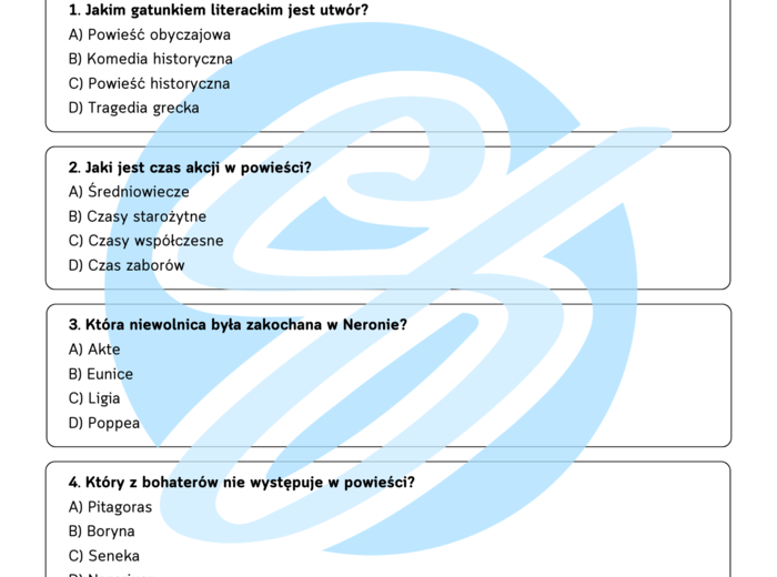 Test z lektury „Quo vadis” | Sienkiewicz | Szkoła podstawowa | 15 pytań ABCD + Klucz + Skala ocen