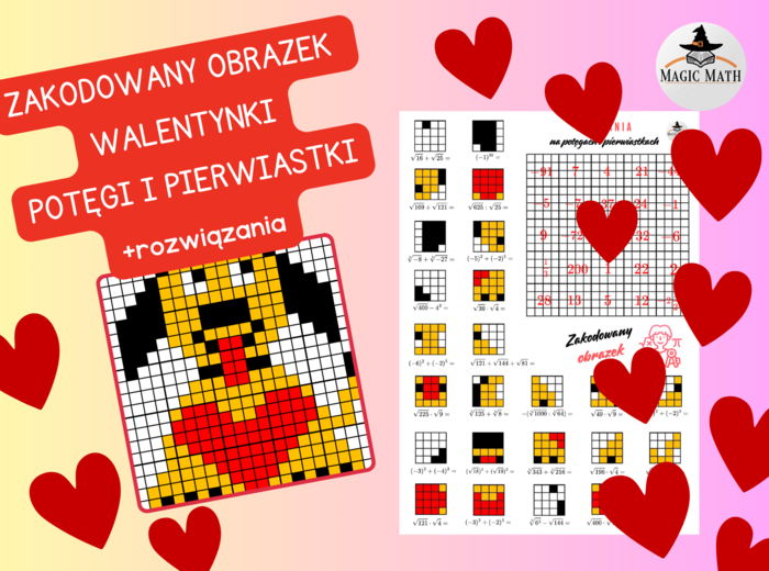 ZAKODOWANY OBRAZEK - Działania na potęgach i pierwiastkach, WALENTYNKI, klasa 7-8