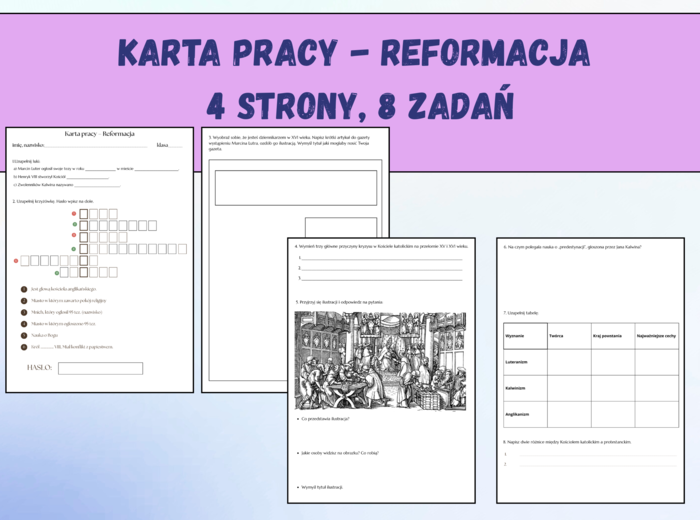 Reformacja – karta pracy, 4 strony, 8 różnorodnych zadań, powtórzenie, praca na lekcji