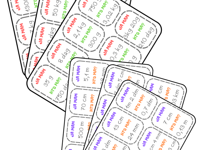 PAKIET Ja mam, kto ma - jednostki długości i masy (wyrażenia dwumianowane i ułamki dziesiętne). Klasa 4, 5, 6