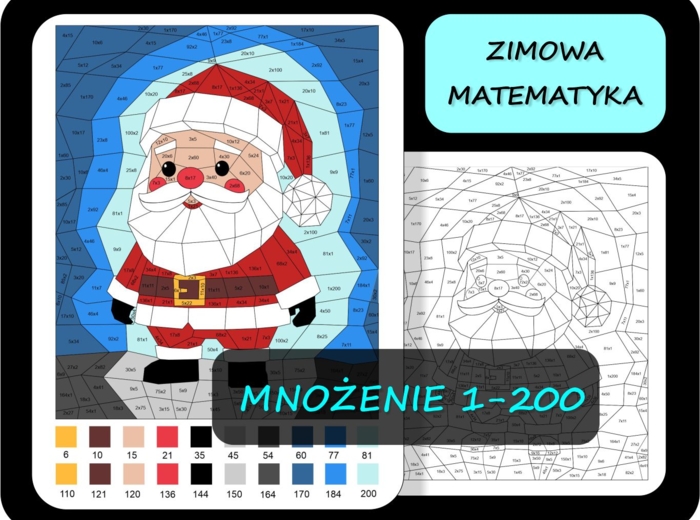Kolorowanka matematyczna, mnożenie 1-200, tabliczka mnożenia, pokoloruj według wyników mnożenia, zimowa matematyka 3 MIKOŁAJ