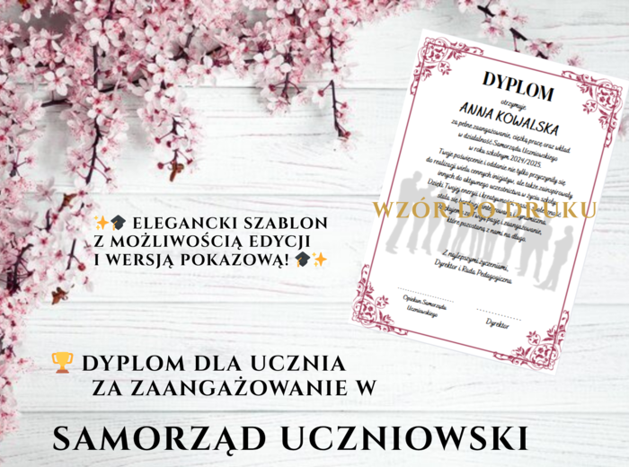 🏆 Dyplom dla Ucznia za Zaangażowanie w Samorząd Uczniowski — elegancki szablon z możliwością edycji 🎓✨