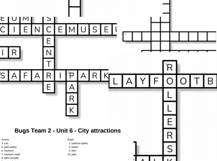 Bugs Team 2 – Unit 6 – krzyżówki – Activities/City attractions/Extra words