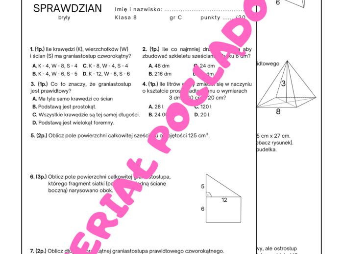 Sprawdzian. Bryły. Graniastosłupy. Ostrosłupy. Klasa 8. GWO