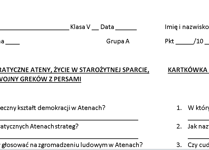 KARTKÓWKA – DEMOKRATYCZNE ATENY, ŻYCIE W STAROŻYTNEJ SPARCIE, WOJNY GREKÓW Z PERSAMI