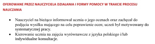 Przykładowe uzasadnienia oceny celującej i niedostatecznej + OFEROWANE PRZEZ NAUCZYCIELA DZIAŁANIA I FORMY POMOCY W TRAKCIE PROCESU NAUCZANIA/ klasy 4-8/ język polski