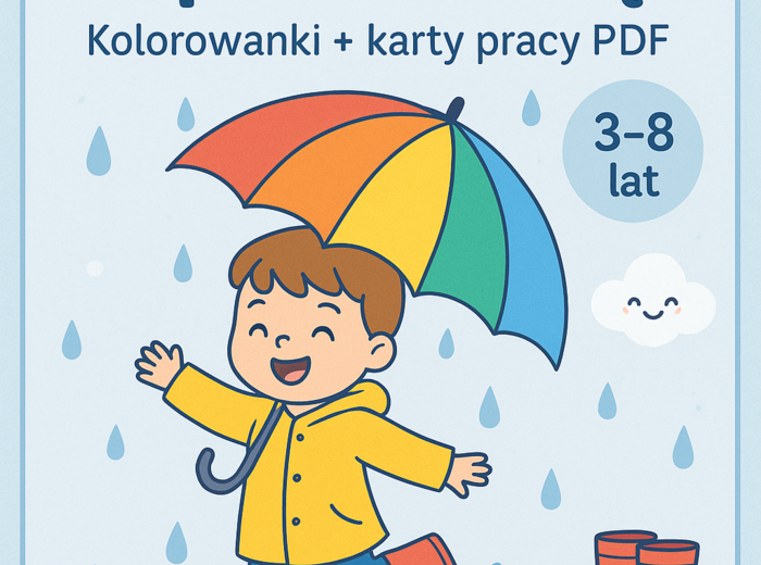 Karty pracy: kolorowanki z deszczem, parasolkami, dziećmi w kaloszach.