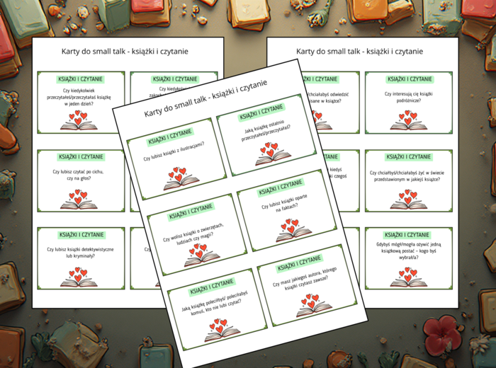 📚❤️ Karty Small Talk – KSIĄŻKI i CZYTANIE - 60 pytań - TUS - biblioteka - język polski - zajęcia z wychowawcą