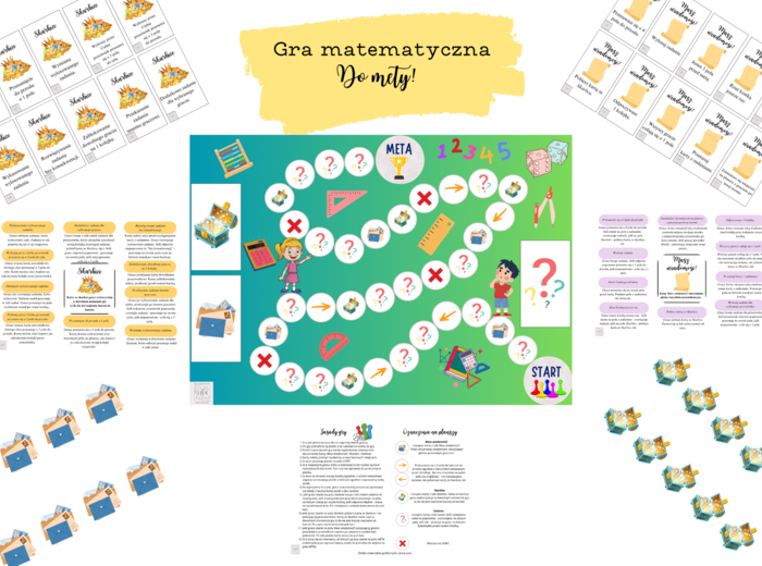 Gra matematyczna "Do mety!" - zestaw z zadaniami: Działania na ułamkach zwykłych