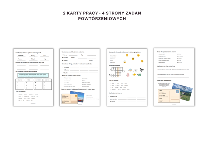 Grade 1-3 vocabulary revision worksheet - karta pracy na powtórzenie słownictwa z klas 1-3 dla klasy 4, język angielski