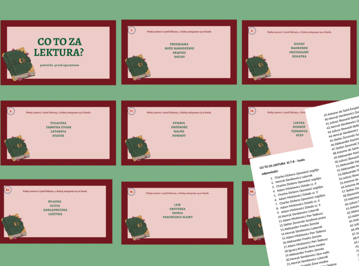 CO TO ZA LEKTURA? – hasła – prezentacja – 88 slajdów – lektury kl. 7-8 – egzamin- powtórka + ODPOWIEDZI