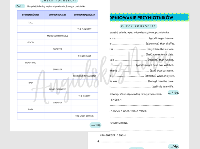 Stopniowanie przymiotników - Check yourself! - Comparatives - Superlatives - kartkówka - short test - wklejka - powtórzenie - karta pracy - E8 - matura