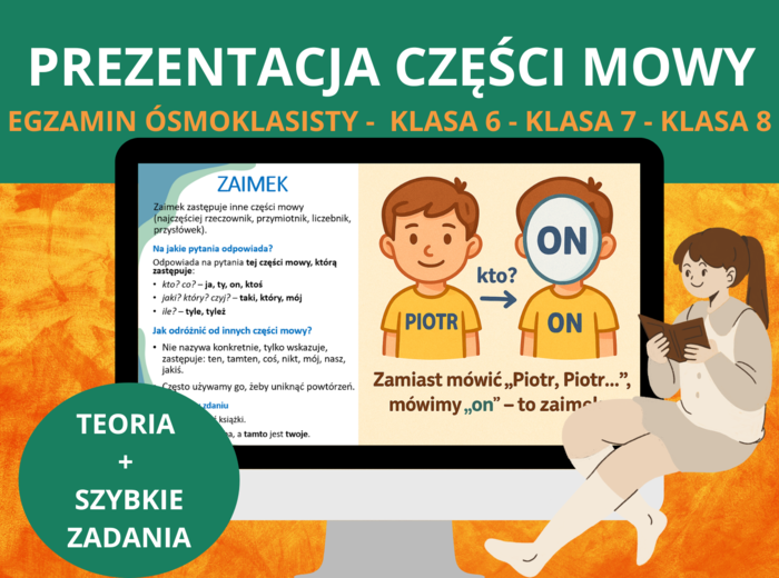 Części mowy – prezentacja z zadaniami: rzeczownik, czasownik, przymiotnik, liczebnik, zaimek, przysłówek, przyimek, spójnik, partykuła, wykrzyknik [PPTX] – język polski, egzamin ósmoklasisty, klasa 6, klasa 7, klasa 8